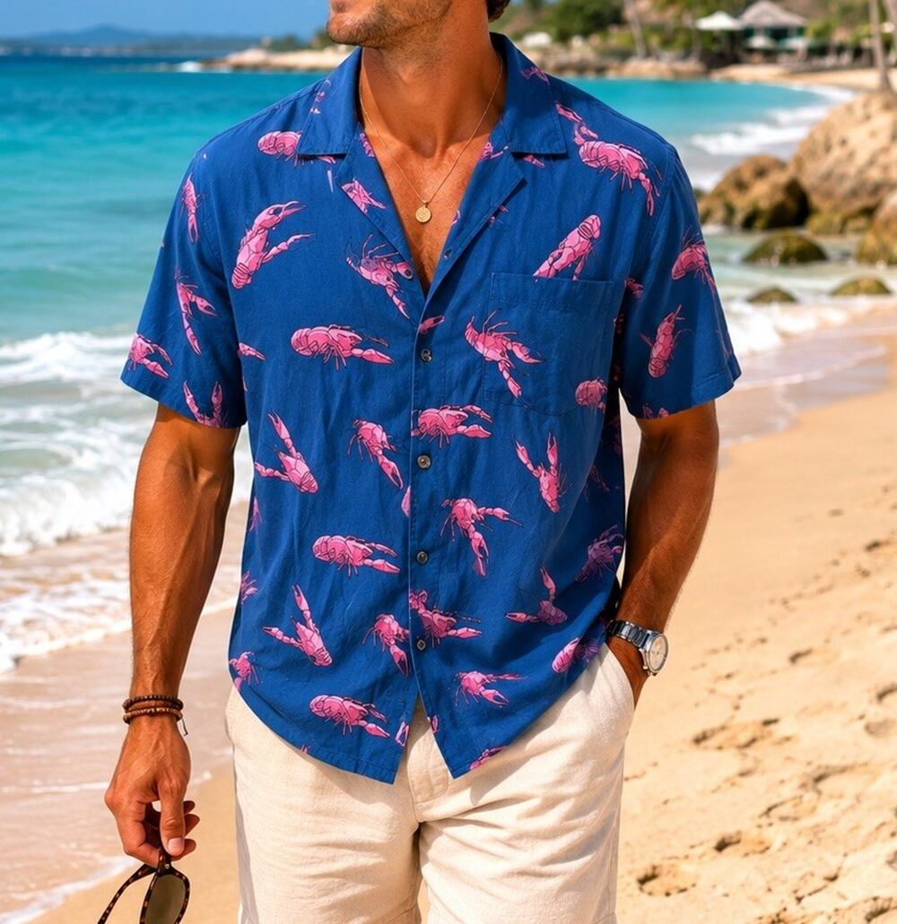 David Carey Originals Lobster Print Camp Shirt 2XL Navy Cotton Rayon Cruise